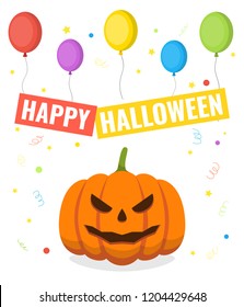 Happy Halloween. Pumpkin and a lot of balloons. Greeting card for a holiday or an invitation to a party. Vector illustration.