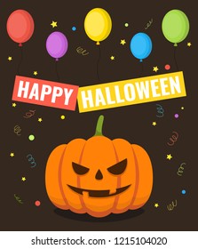 Happy Halloween. Pumpkin and a lot of balloons. Greeting card for a holiday or an invitation to a party. Vector illustration.