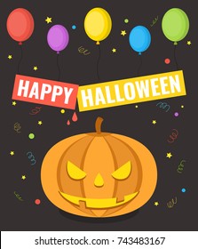 Happy Halloween. Pumpkin and a lot of balloons. Greeting card for a holiday or an invitation to a party. Vector illustration.