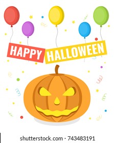 Happy Halloween. Pumpkin and a lot of balloons. Greeting card for a holiday or an invitation to a party. Vector illustration.