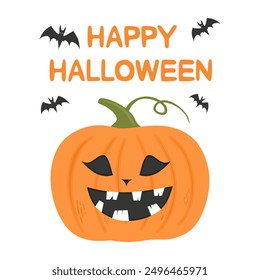 Happy Halloween with halloween pumpkin and bats horror. Hand drawn colorful pumpkin head for design postcards, invitations, banners and posters for Halloween. Colored flat vector illustration isolated