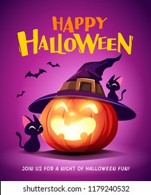 Happy Halloween. Halloween pumpkin. Black Cat and Jack O Lantern Pumpkin with witch hat.