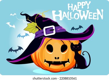 Happy Halloween. Halloween pumpkin. Black Cat and Jack O Lantern Pumpkin with witch hat