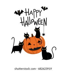 Happy Halloween With Pumpkin And Black Cat Cartoon Character.