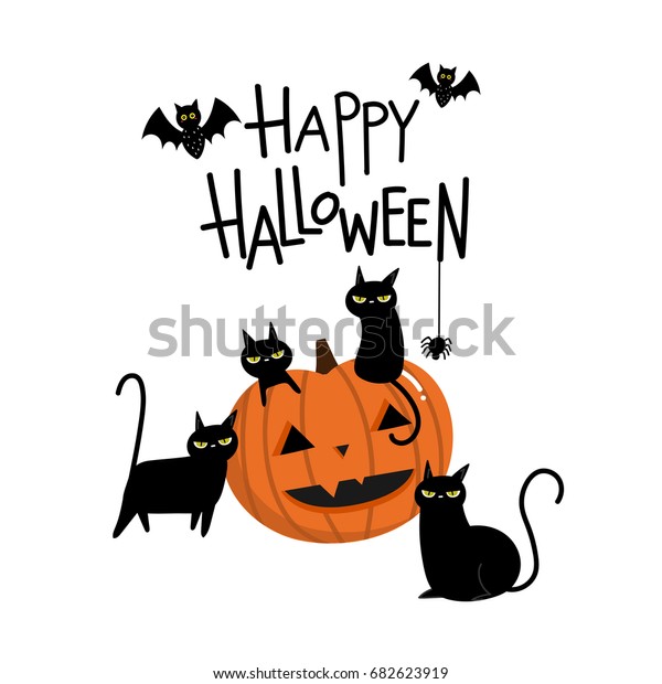 Vektor Stok Happy halloween dengan labu dan kucing (Tanpa Royalti 