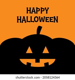 Happy Halloween. Pumpkin. Black silhouette. Bones text font. Bone letter type. Funny creepy smiling face. Cute kawaii cartoon funny baby character. Greeting card. Orange background. Flat design Vector