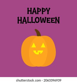 Happy Halloween. Pumpkin. Bones text font. Bone letter type. Funny creepy smiling face. Glowing eyes. Cute kawaii cartoon funny baby character. Greeting card. Violet background. Flat design. Vector