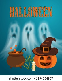 Happy Halloween pumpkin and burning candle, poster with text. Jack lantern wearing hat of witch, poison brewing in pot. Ghosts and apparitions vector