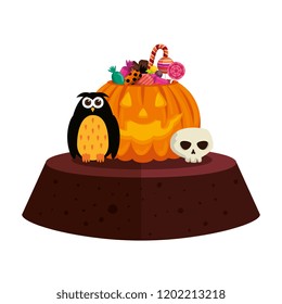 happy halloween pumpkin with candies and owl