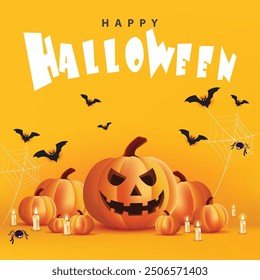 Happy Halloween pumpkin, candle, white ghost and bat on yellow banner design background, Eps 10 vector illustration