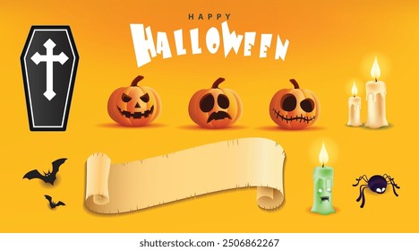 Happy Halloween pumpkin, candle, white ghost and bat on yellow banner design background, Eps 10 vector illustration