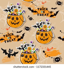 Happy Halloween pumpkin with halloween candy and lettering trick or treat on a orange background seamless pattern