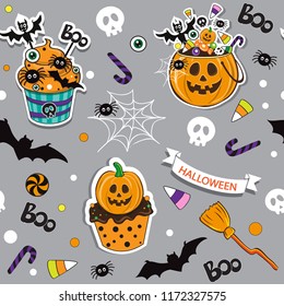 Happy Halloween pumpkin with halloween candy seamless pattern background