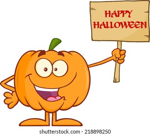 Happy Halloween Pumpkin Cartoon Mascot Character Holding A Wooden Board With Text