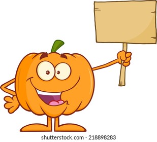 Happy Halloween Pumpkin Cartoon Mascot Character Holding A Wooden Board