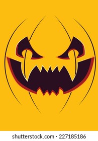 Happy Halloween pumpkin carving face on yellow background.