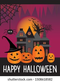 Happy Halloween with pumpkin, castle, spider. Vector illustration, background