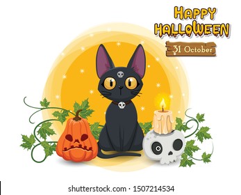 Happy Halloween pumpkin, cat, skull, candle. Concept cartoon Halloween day elements. Vector clipart illustration