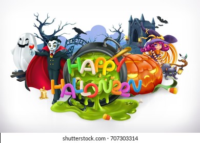 Happy Halloween. Pumpkin, cat, witch, vampire and lettering, 3d vector emblem