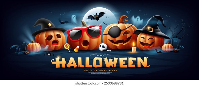 Feliz diseño de texto de Halloween, personaje de calabaza la cara de acción de la pandilla, fantasma, murciélago volando, vela, en la noche de la luna, diseño de Anuncio sobre fondo azul oscuro, Eps 10 Ilustración vectorial