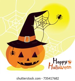 Happy Halloween pumpkin character wearing witch's hat on the light background with spider's webs and a big moon