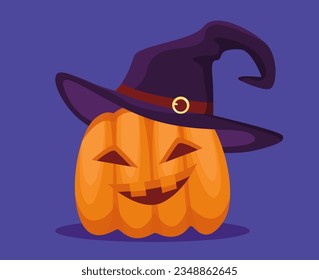 Happy Halloween pumpkin concept. Dream and fantasy, fairy tale. Creepy jack o latern in hat. Poster or banner for website. Cartoon flat vector illustration isolated on blue background