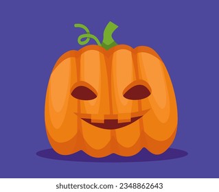 Happy Halloween pumpkin concept. Holiday of fear and horror. Bizzare monster or demon. Sticker for social networks and messengers. Cartoon flat vector illustration isolated on blue background