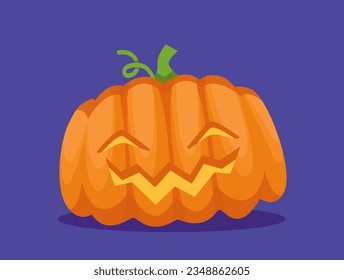 Happy Halloween pumpkin concept. Imagination and fantasy, fairy tale. Creepy jack o latern. Design element for postcard. Cartoon flat vector illustration isolated on blue background