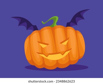 Happy Halloween pumpkin concept. Symbol of holiday of fear and horror. Spooky and creepy. Sticker for social media and messengers. Cartoon flat vector illustration isolated on blue background