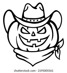 Feliz Halloween Calabaza sombrero de vaquero de vaquero y bandanna ilustración imprimible aislado en fondo blanco