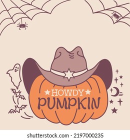 Feliz sombrero occidental de vaquero de la calabaza de Halloween. Ilustración vectorial imprimible con texto cowboy de Howdy sobre el fondo de la tarjeta.