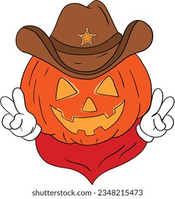 Feliz Halloween Pumpkin cowboy sombrero occidental y bandanna, mano de paz. Ilustración vectorial imprimible con texto de cowboy de Howdy aislado en fondo blanco.