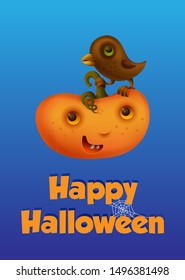 Happy Halloween. Pumpkin and crow. Vector illustration, greeting card. Orange and blue colors.