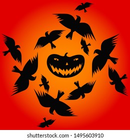 Happy Halloween. Pumpkin and crows. Vector seamless pattern. Black, orange and yellow colors.