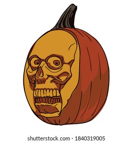 Happy Halloween pumpkin with a cut skull. Hand-drawn graphics. Color vector illustration 