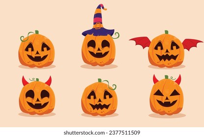 Happy Halloween pumpkin Day collection icon set. illustration Pumpkin symbol and concept orange pumpkin with scary scary smile Halloween white background.