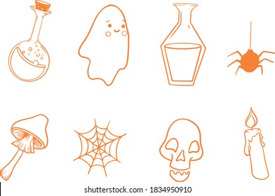 
Happy Halloween. Pumpkin doodle on orange purple and white background. Helloween lettering. Design for wrapping paper, paper packaging, textile, party invitation, greeting card. Vector illustration