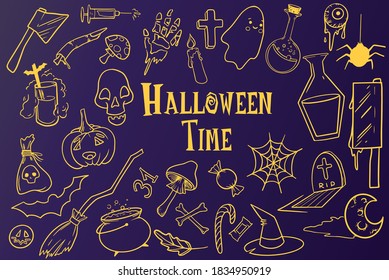 
Happy Halloween. Pumpkin doodle on orange purple and white background. Helloween lettering. Design for wrapping paper, paper packaging, textile, party invitation, greeting card. Vector illustration