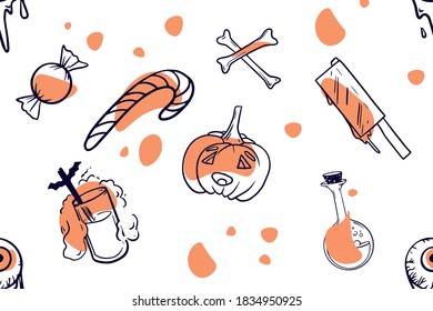 
Happy Halloween. Pumpkin doodle on orange purple and white background. Helloween lettering. Design for wrapping paper, paper packaging, textile, party invitation, greeting card. Vector illustration
