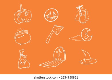 
Happy Halloween. Pumpkin doodle on orange purple and white background. Helloween lettering. Design for wrapping paper, paper packaging, textile, party invitation, greeting card. Vector illustration