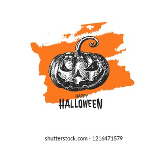Happy halloween with pumpkin drawing style orange brush background. Vector design for invitation card, greeting card, poster and banner halloween celebration event