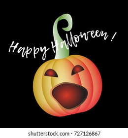 Happy halloween. Pumpkin with eyes and mouth. Cartoon character with text. Greeting card. Black background. Isolated.