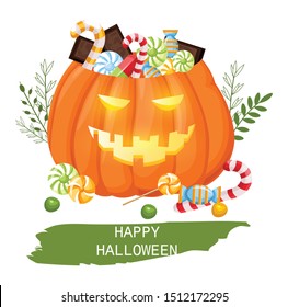 Happy halloween pumpkin full of candy and chocolate. Trick or treat idea. Flat style vector. Flat style