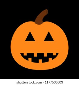 Happy Halloween pumpkin. Funny creepy smiling face. Cute cartoon baby character. Greeting card. Black background. Isolated. Flat design. Vector illustration