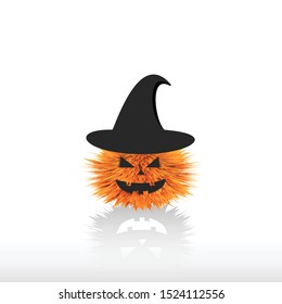 Happy Halloween Pumpkin. Furry Fluffy Pumpkin Monster Face with witch hat Vector illustration.