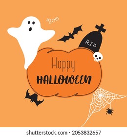 happy halloween with pumpkin,  ghost and bats on orange background. Vector illustration