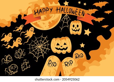happy halloween, pumpkin, ghosts, bats, spiderweb, tombstone and moon for background, poster etc