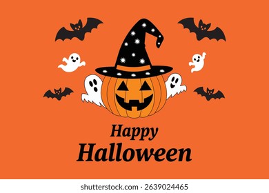 Happy halloween pumpkin with ghosts and bats