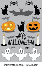 Happy Halloween Pumpkin, Ghosts, Black Cat, Spider, Bat or Vampire Bat, Candle Vector Symbols
