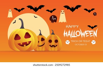 Happy Halloween. Pumpkin ghosts, spiders, and yellow background banner Vector design temolate. holiday concept. Eps 10.